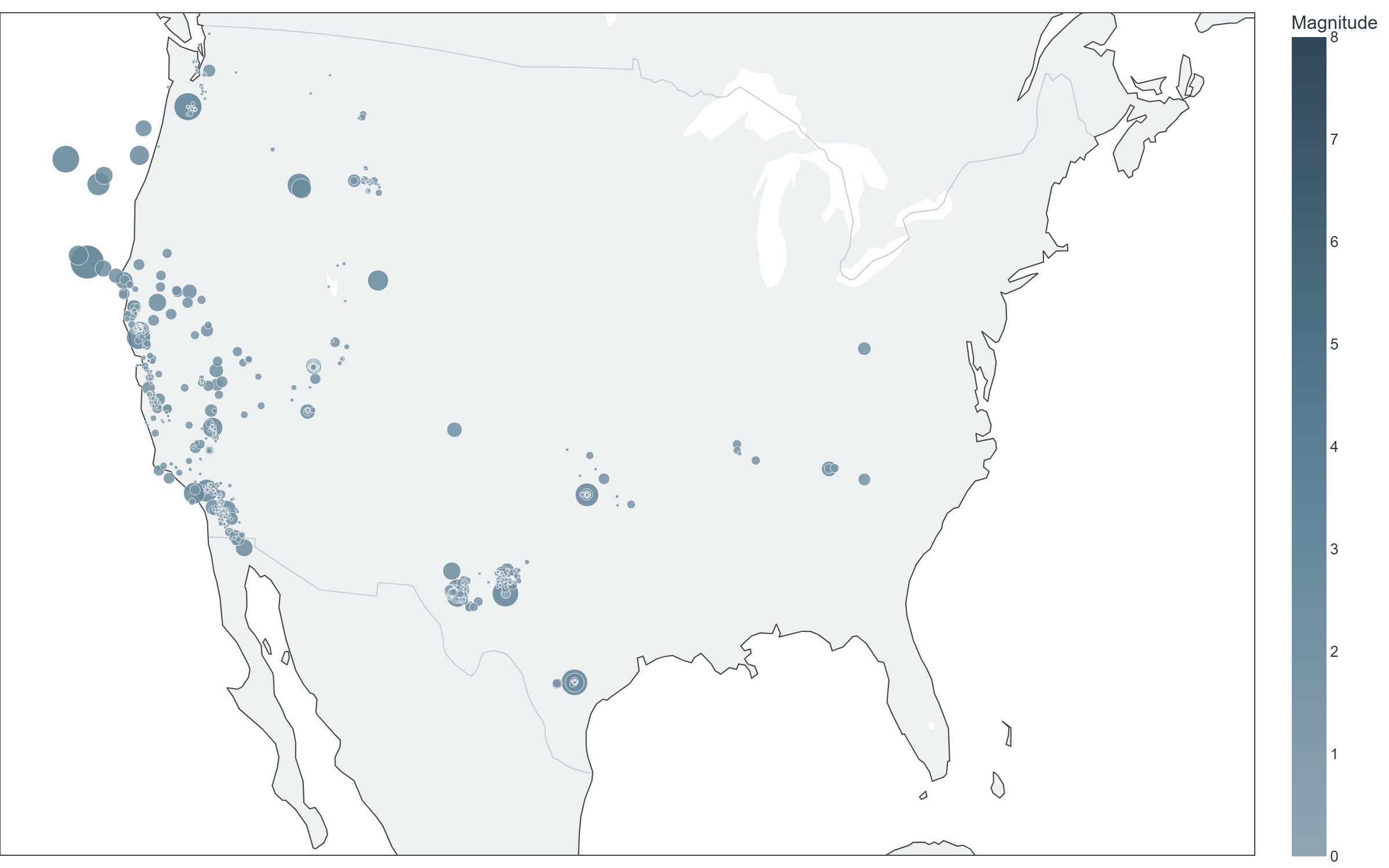 Map of reported earthquakes across the contiguous US, week of Aug 31–Sep 6, 2026