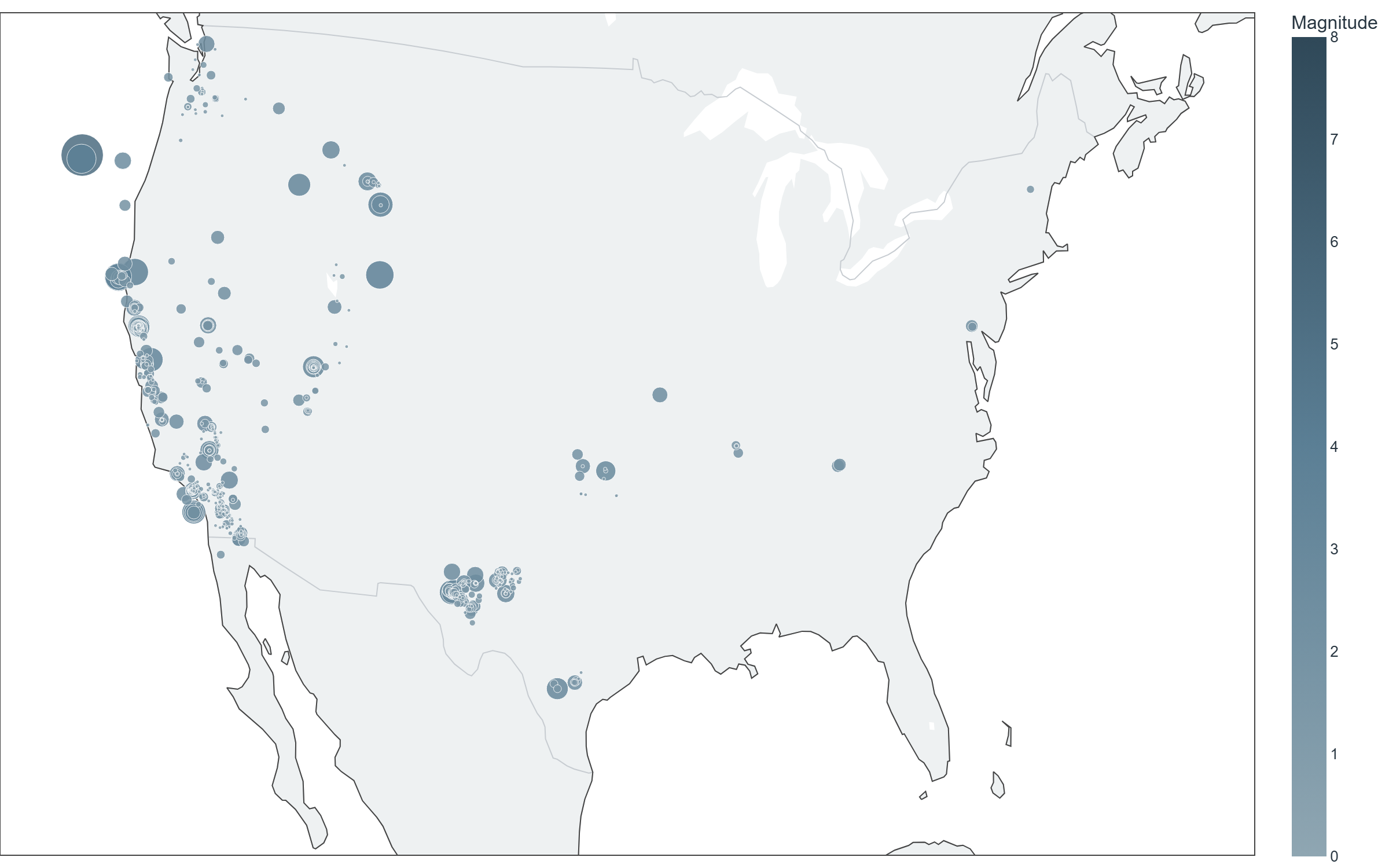 Map of reported earthquakes across the contiguous US, week of Sep 7–Sep 13, 2026