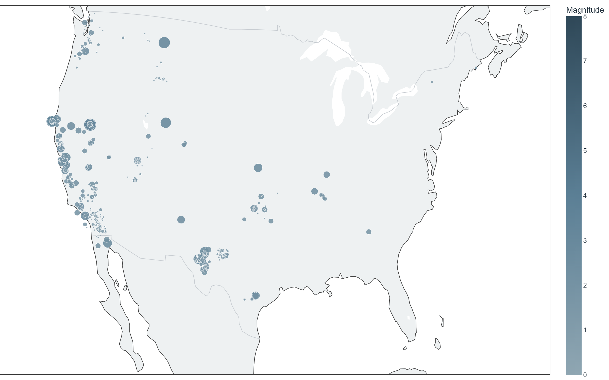 Map of reported earthquakes across the contiguous US, week of Sep 14–Sep 20, 2026