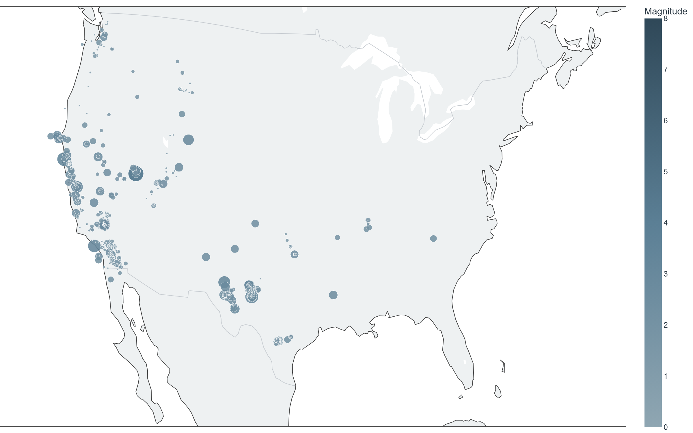 Map of reported earthquakes across the contiguous US, week of Sep 21–Sep 27, 2026