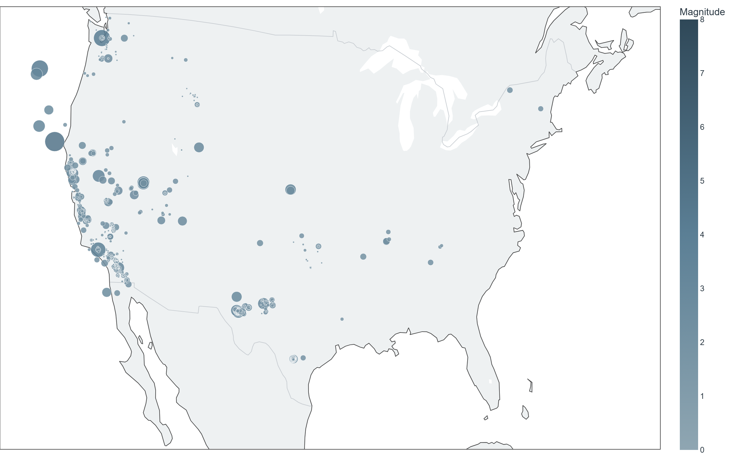 Map of reported earthquakes across the contiguous US, week of Sep 28–Oct 4, 2026