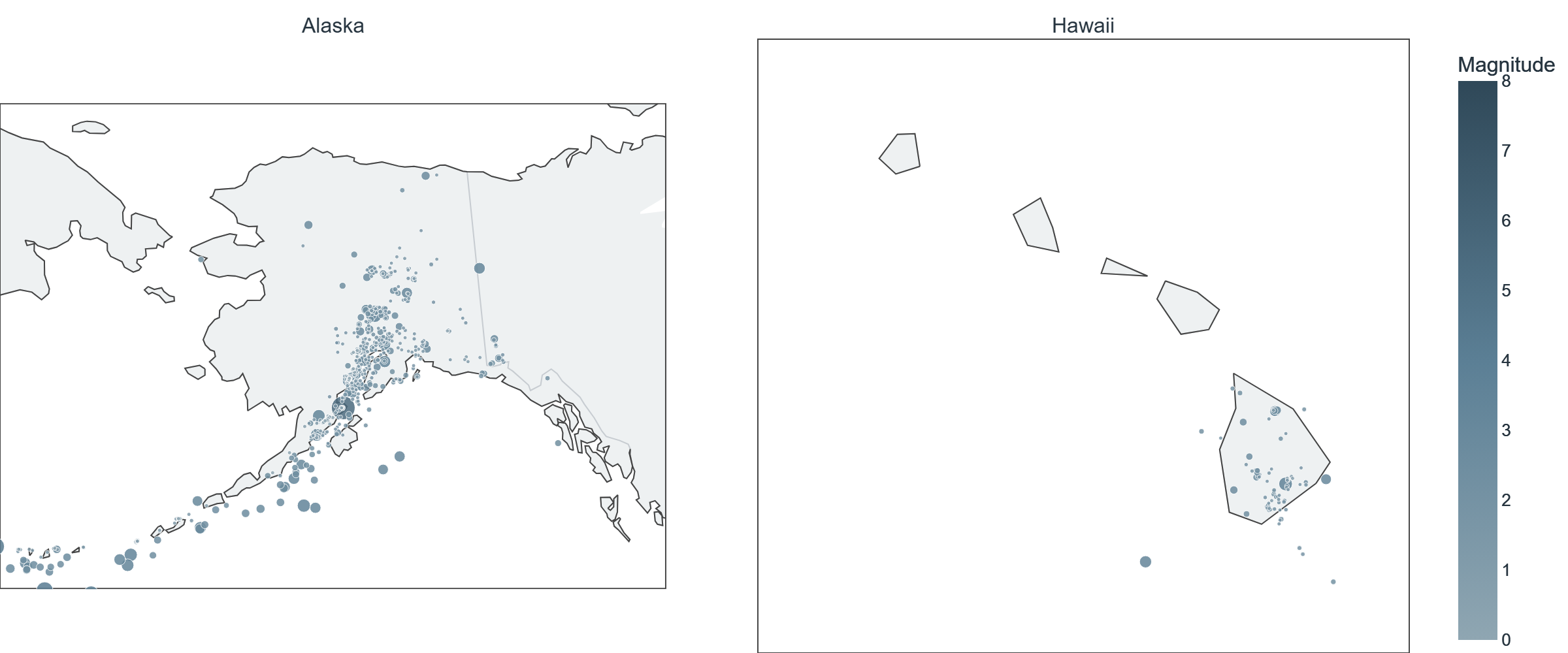 Map of reported earthquakes in Alaska and Hawaii, week of Oct 5–Oct 11, 2026