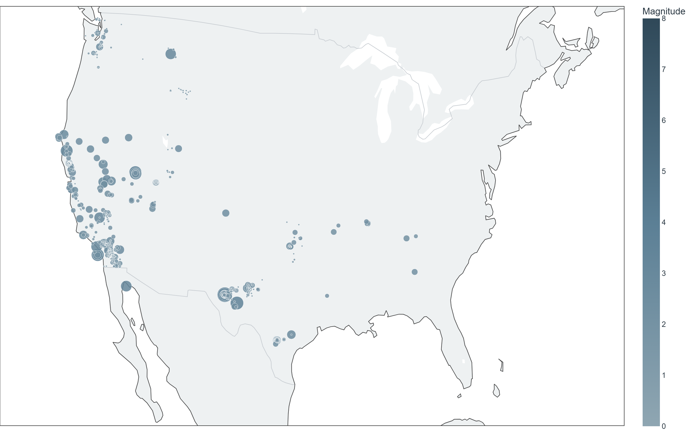 Map of reported earthquakes across the contiguous US, week of Oct 5–Oct 11, 2026