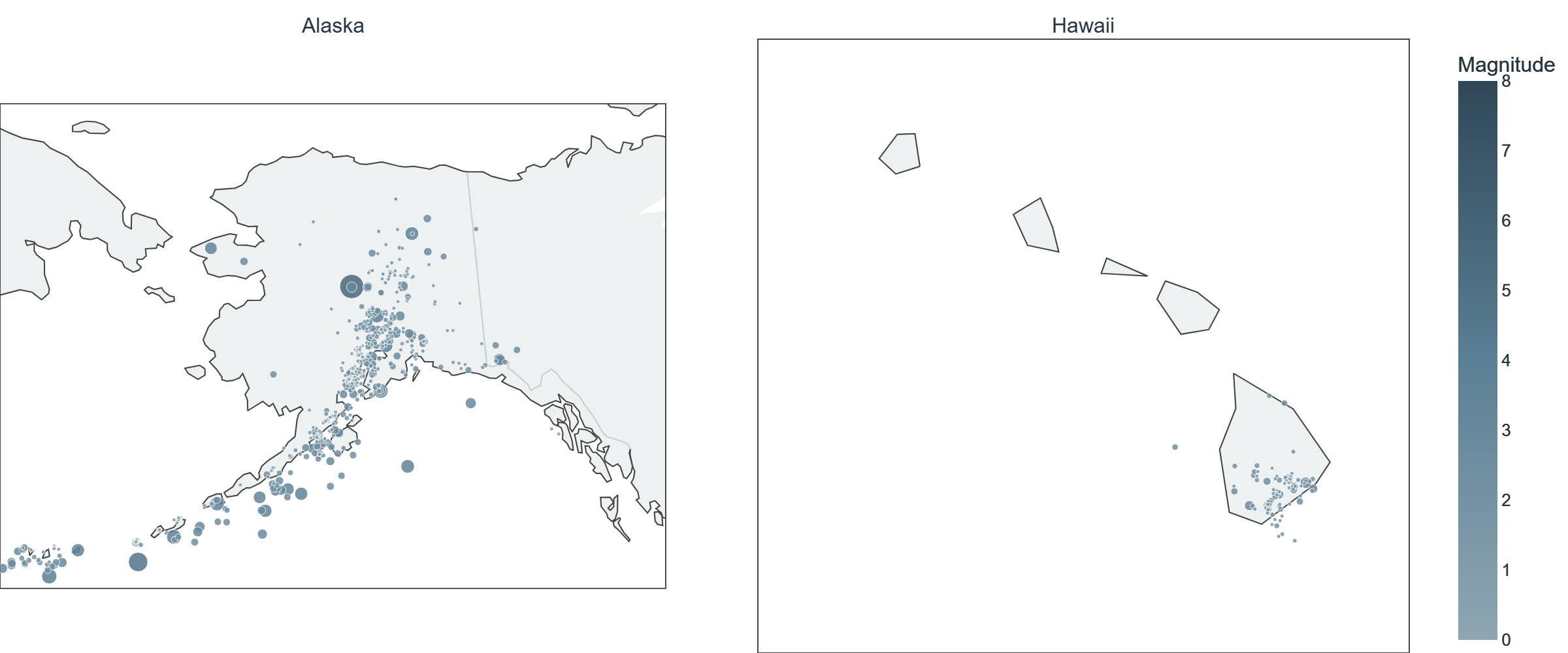 Map of reported earthquakes in Alaska and Hawaii, week of Oct 12–Oct 18, 2026