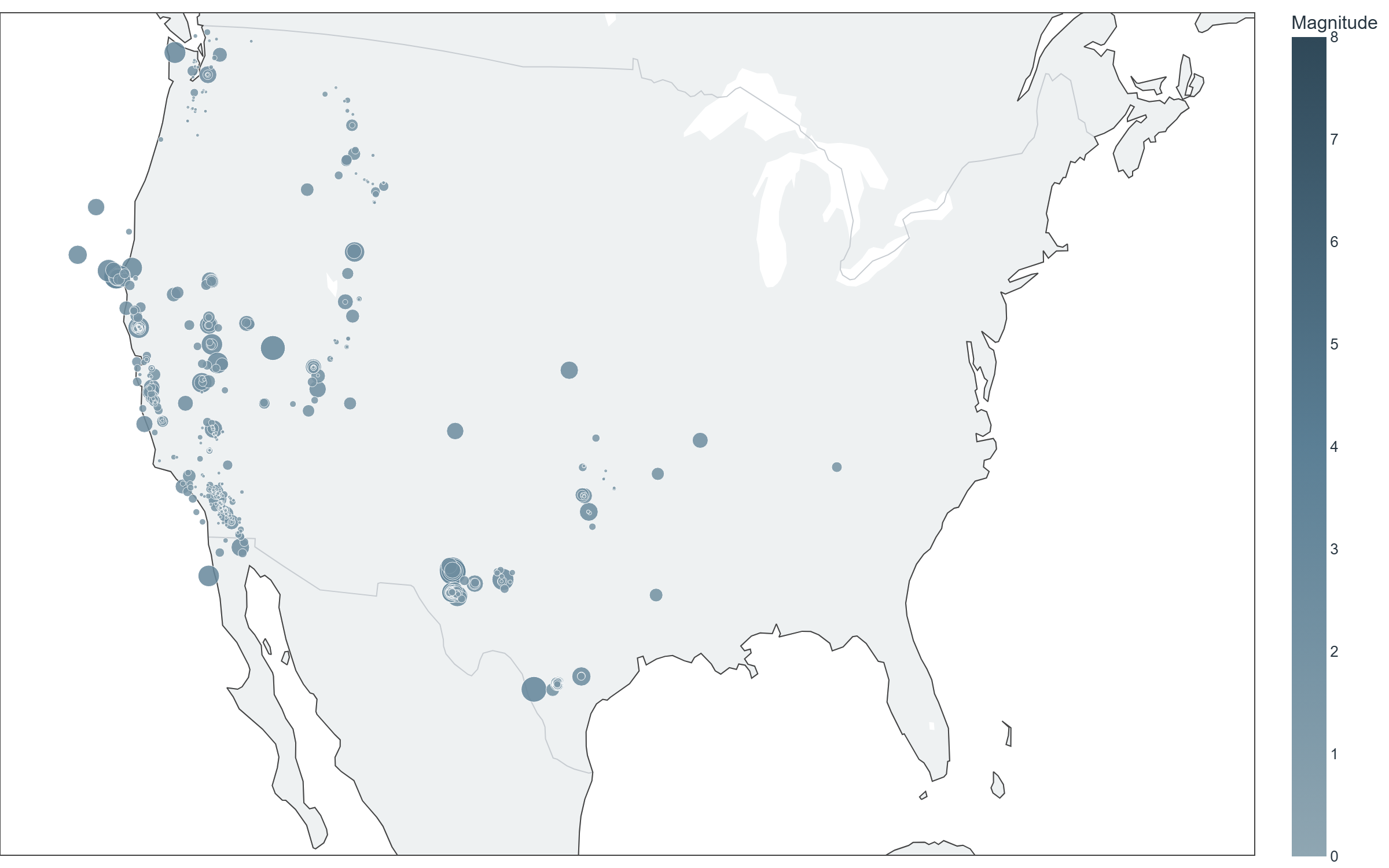 Map of reported earthquakes across the contiguous US, week of Oct 12–Oct 18, 2026
