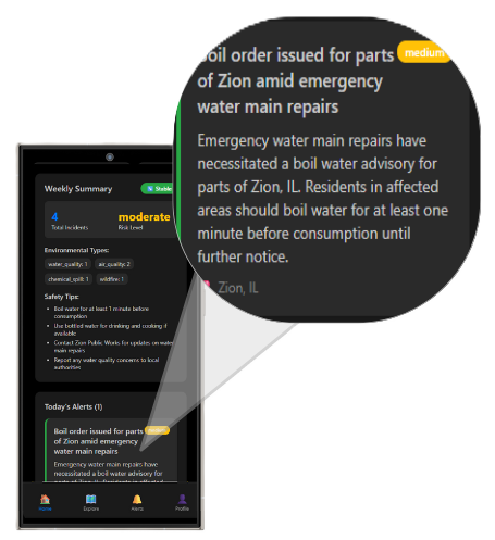 Phone screen of a Consilium boil-water alert for Zion, Illinois, with source, delivery time, and resolved status