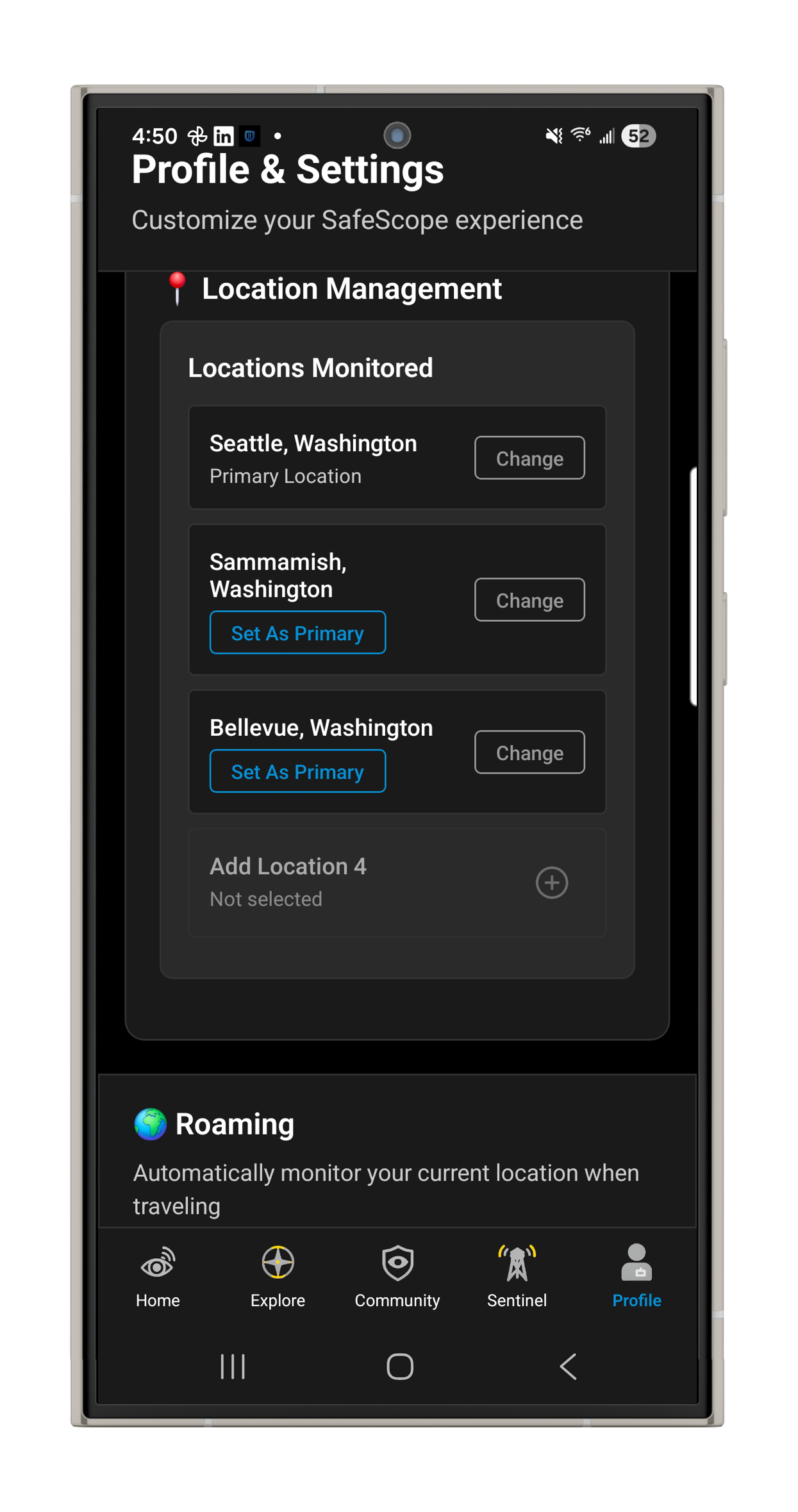 Consilium profile screen for watching up to four cities at once